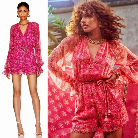 Hemant and Nandita Nara Tulip Pink Floral Romper Playsuit Long Sleeve.over-Up XS - Picture 2 of 14